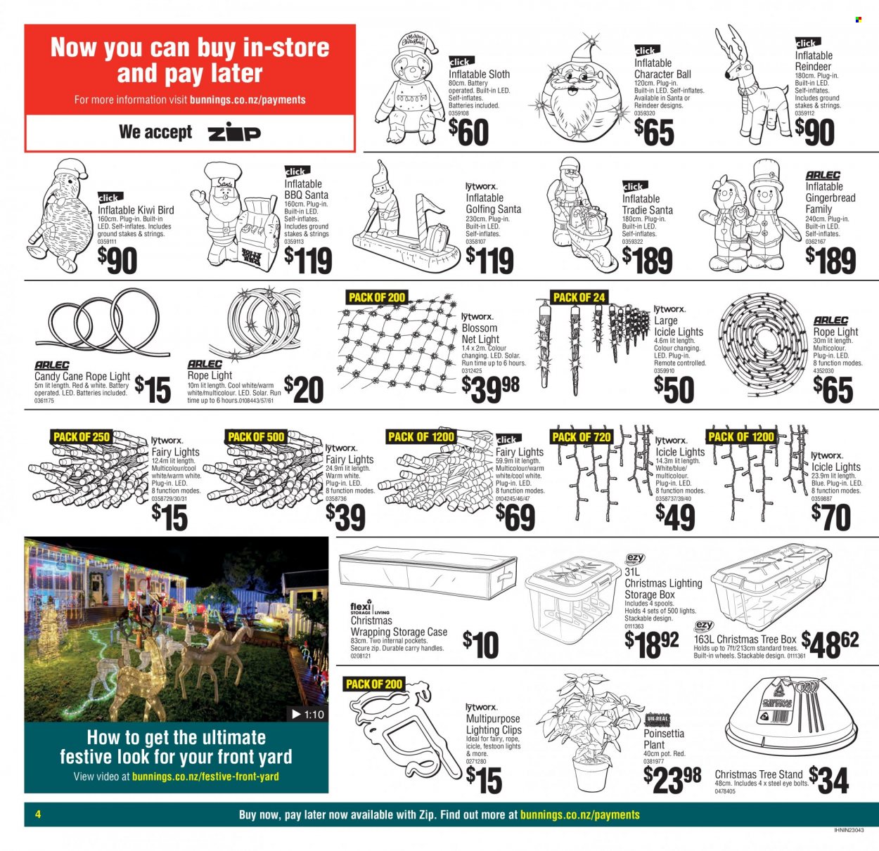 thumbnail - Bunnings Warehouse mailer - Sales products - reindeer, christmas tree, icicle light, inflatable decor, christmas tree stand, tree stand, pot, rope light, lighting, poinsettia. Page 4.