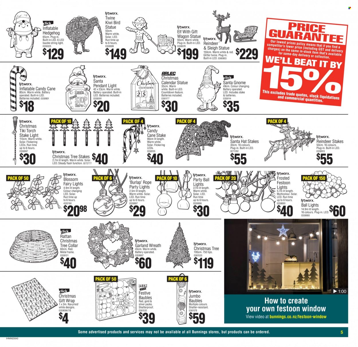 thumbnail - Bunnings Warehouse mailer - Sales products - Elf, reindeer, wreath, christmas tree, metal frame, garland, bauble, string lights. Page 5.