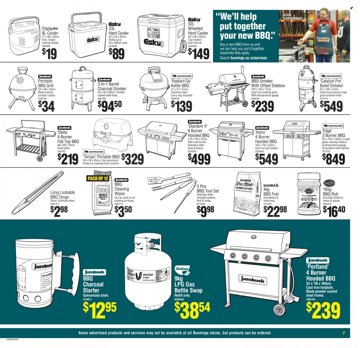 thumbnail - Bunnings Warehouse mailer - Sales products - cleansing wipes, wipes, fork, lid, spatula, plate, wok, cup, tong, tool set, gas bottle, grill, charcoal smoker, firebox, portable barbecue, smoker. Page 7.