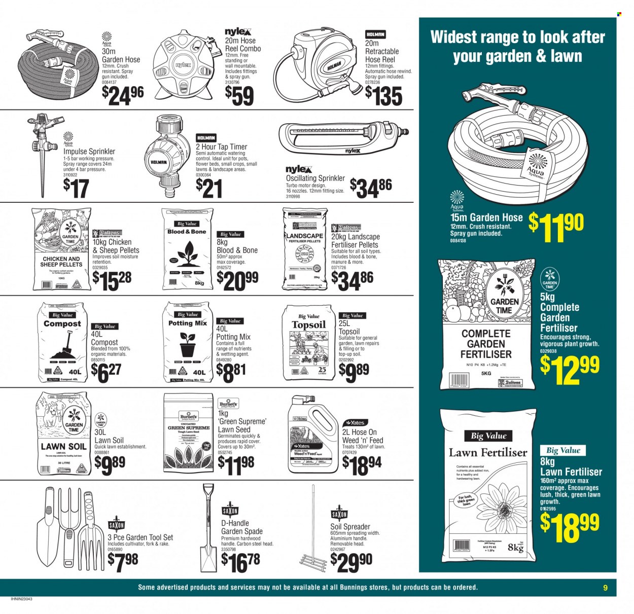 thumbnail - Bunnings Warehouse mailer - Sales products - fork, pot, spray gun, timer, spreader, tool set, spade, gardening tools, plant seeds, Weed 'n' Feed, potting mix, hose reel, garden hose, compost. Page 9.