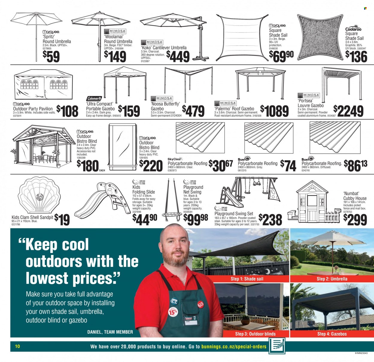 thumbnail - Bunnings Warehouse mailer - Sales products - roofing, aluminium frame, blinds, gazebo, pavilion, cubby house, umbrella. Page 10.