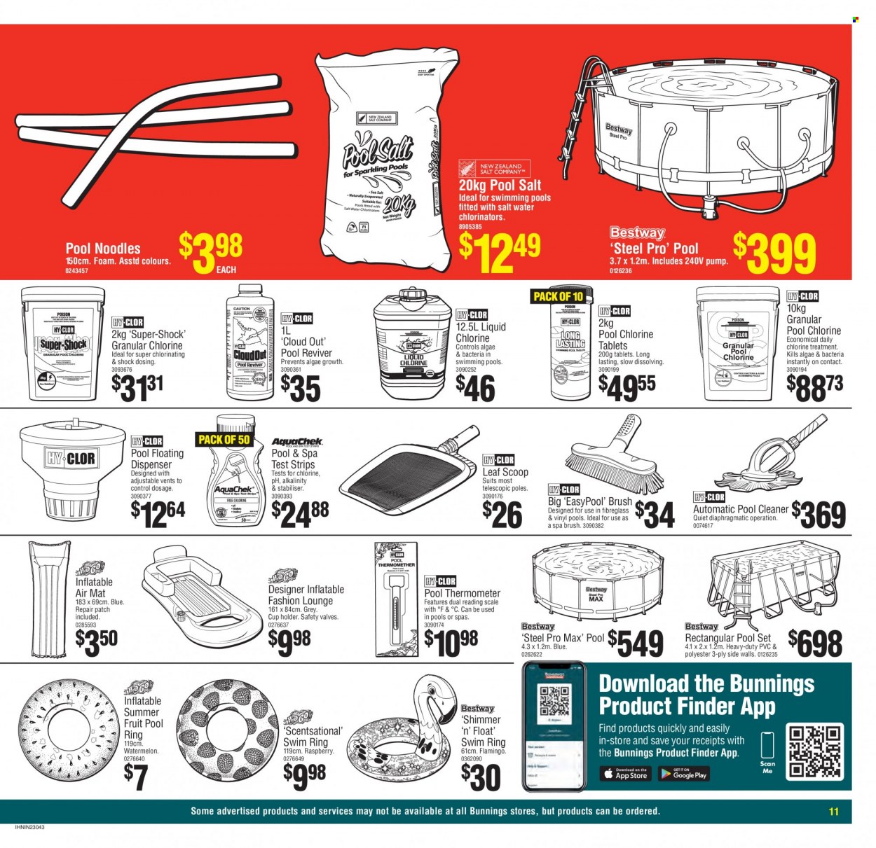 thumbnail - Bunnings Warehouse mailer - Sales products - lounge, cleaner, thermometer, cup, scale, dispenser, pool cleaner, pool salt. Page 11.