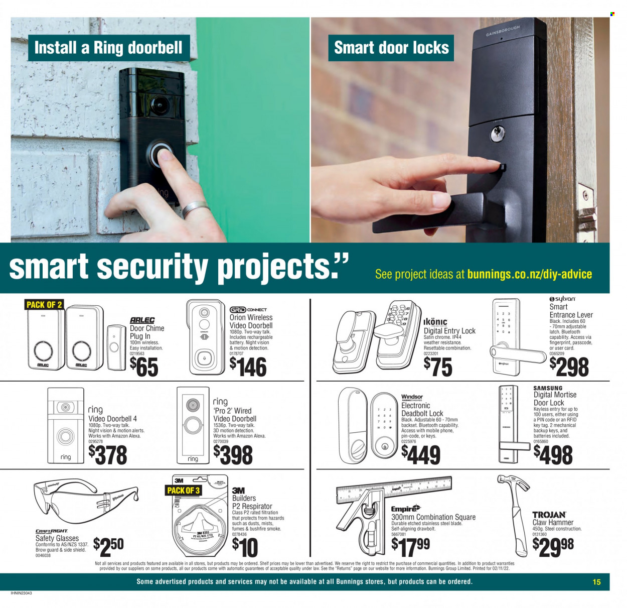 thumbnail - Bunnings Warehouse mailer - Sales products - shelves, rechargeable battery, doorbell, video doorbell, electronic deadbolt, hammer, claw hammer, respirator. Page 15.