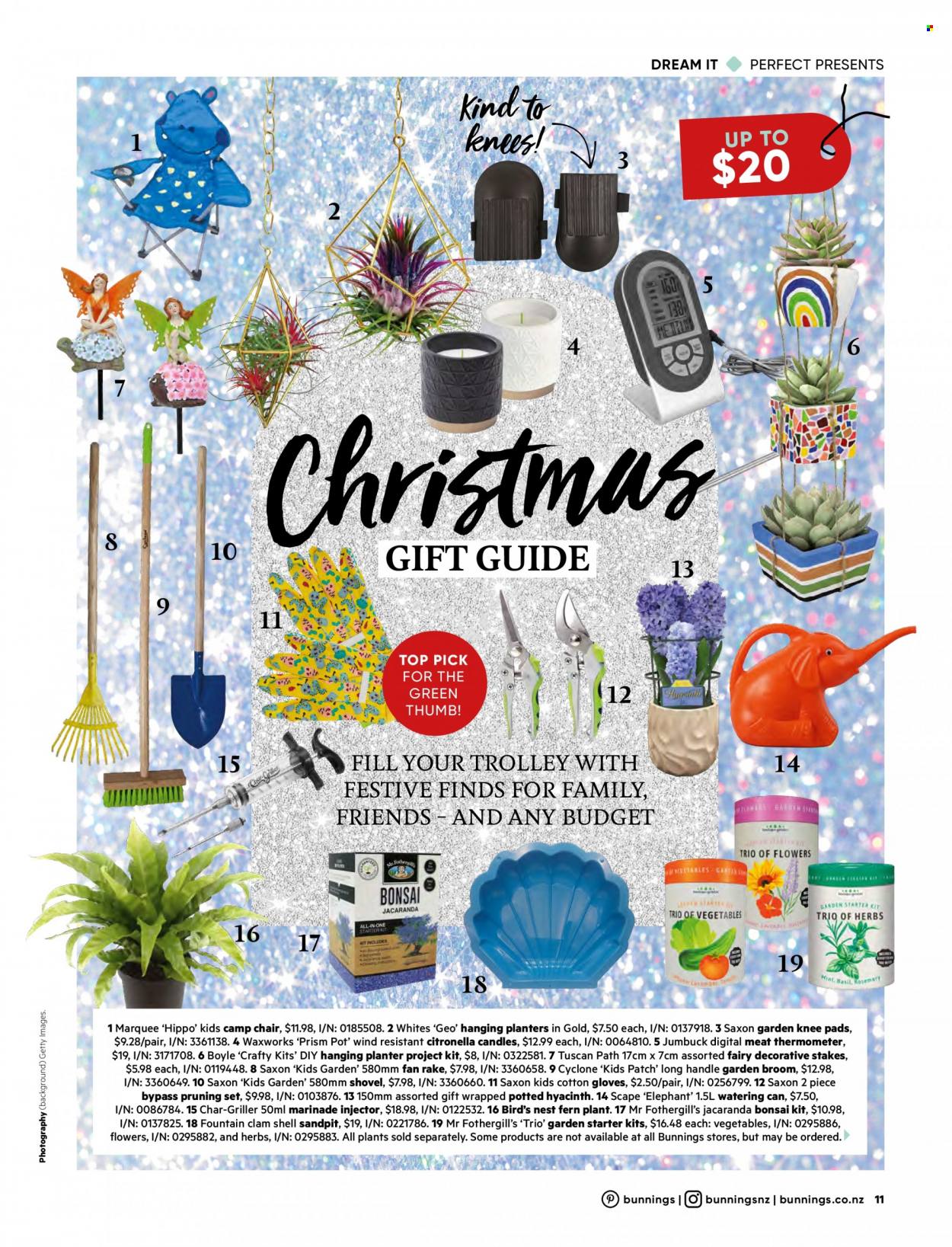 thumbnail - Bunnings Warehouse mailer - Sales products - chair, hanging planter, marinade, Fairy, thermometer, gloves, broom, pot, meat thermometer, candle, shovel, knee pads, watering can, hyacinth, herbs, bonsai tree. Page 11.