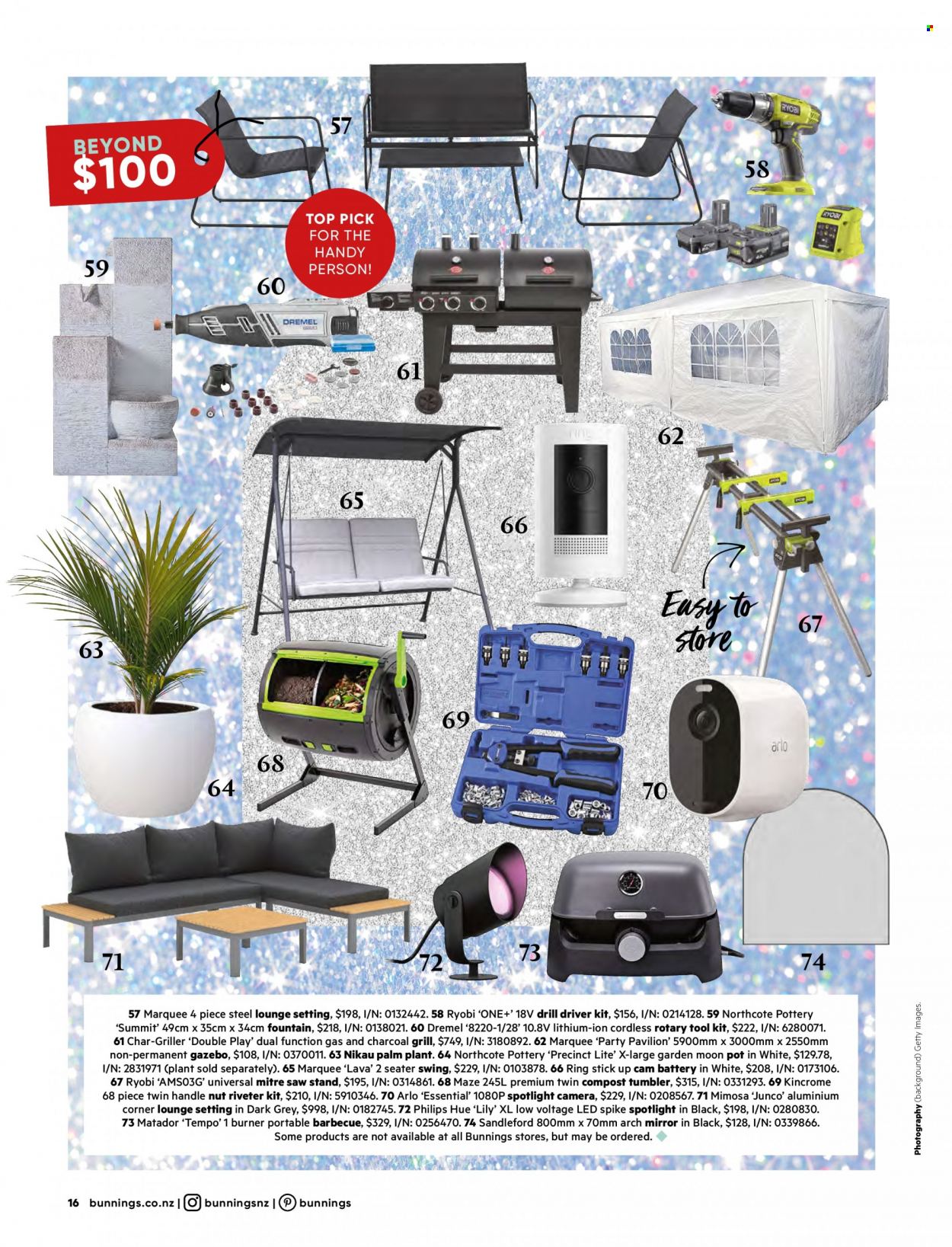 thumbnail - Bunnings Warehouse mailer - Sales products - lounge, mirror, tumbler, pot, spotlight, Philips, drill, drill driver kit, Ryobi, saw, tool set, saw stand, gazebo, pavilion, grill, portable barbecue, compost. Page 16.