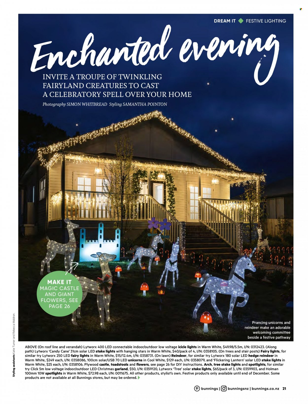 thumbnail - Bunnings Warehouse mailer - Sales products - reindeer, icicle light, lantern, christmas garland, garland, spotlight, solar stake, lighting, plywood, solar led. Page 21.