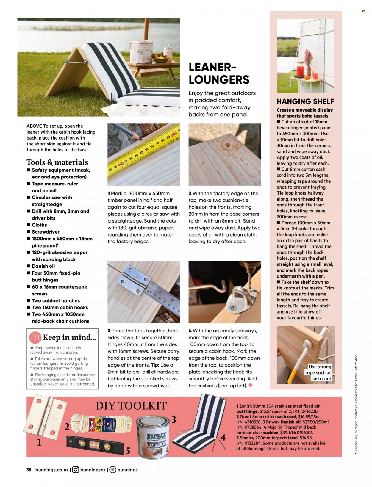 thumbnail - Bunnings Warehouse mailer - Sales products - cabinet, chair, cushion, hook, chair pad, Stanley, screwdriver, power tools, circular saw, saw, measuring tape. Page 38.