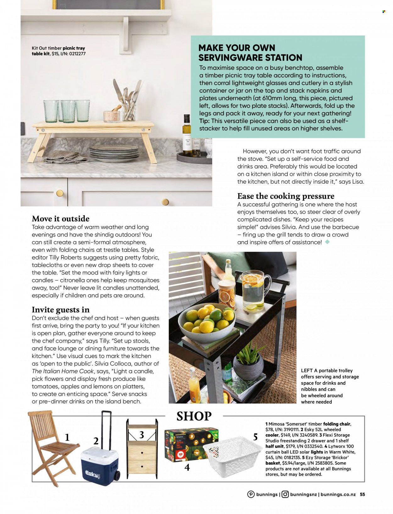 thumbnail - Bunnings Warehouse mailer - Sales products - chair, bench, lounge, shelves, container, folding chair, napkins, basket, plate, candle, tablecloth, curtain, stove. Page 55.