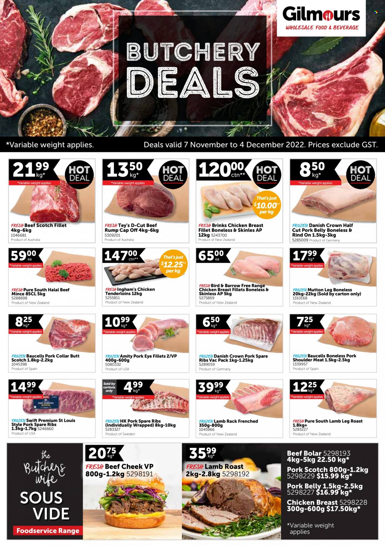 thumbnail - Gilmours mailer - 07.11.2022 - 04.12.2022 - Sales products - chicken breasts, beef meat, ground beef, pork belly, pork meat, pork ribs, pork shoulder, pork spare ribs, lamb meat, lamb roast, mutton meat, lamb leg. Page 1.