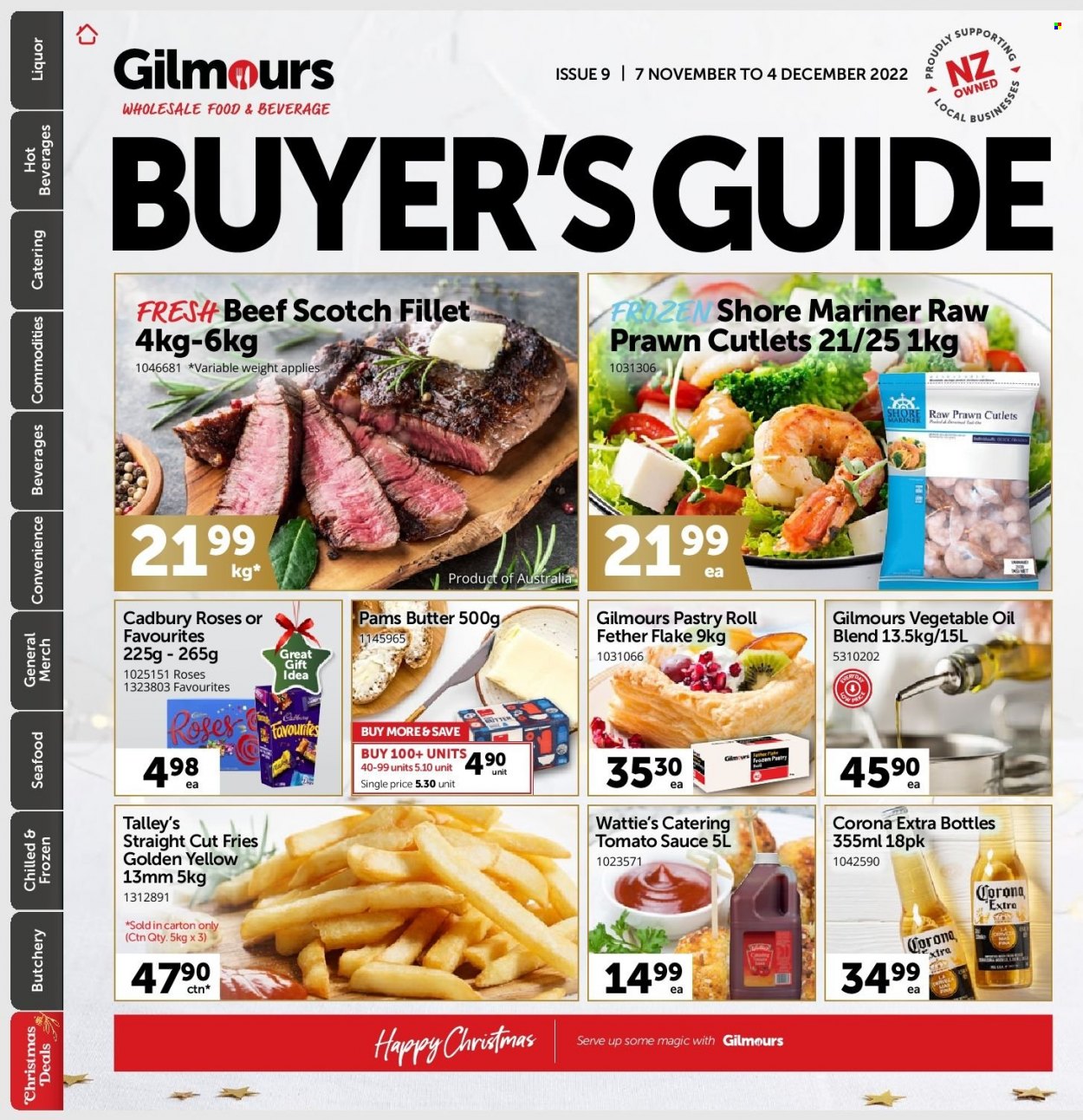 thumbnail - Gilmours mailer - 07.11.2022 - 04.12.2022 - Sales products - seafood, prawns, Shore Mariner, sauce, Wattie's, butter, potato fries, Cadbury, Cadbury Roses, tomato sauce, vegetable oil, oil, liquor, beer, Corona Extra, XTRA. Page 1.