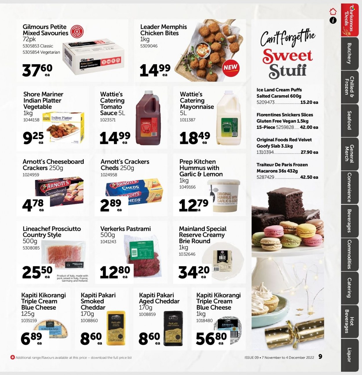 thumbnail - Gilmours mailer - 07.11.2022 - 04.12.2022 - Sales products - puffs, cream puffs, seafood, Shore Mariner, sauce, Wattie's, prosciutto, pastrami, hummus, blue cheese, cheddar, cheese, brie, mayonnaise, chicken bites, Snickers, crackers, tomato sauce, liquor, beef meat. Page 8.