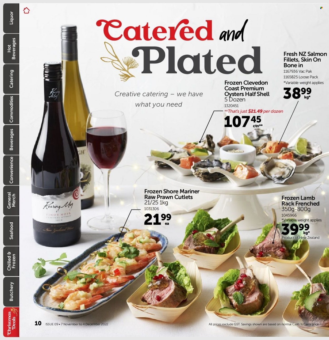 thumbnail - Gilmours mailer - 07.11.2022 - 04.12.2022 - Sales products - salmon, salmon fillet, oysters, seafood, prawns, Shore Mariner, red wine, wine, Pinot Noir, liquor. Page 9.