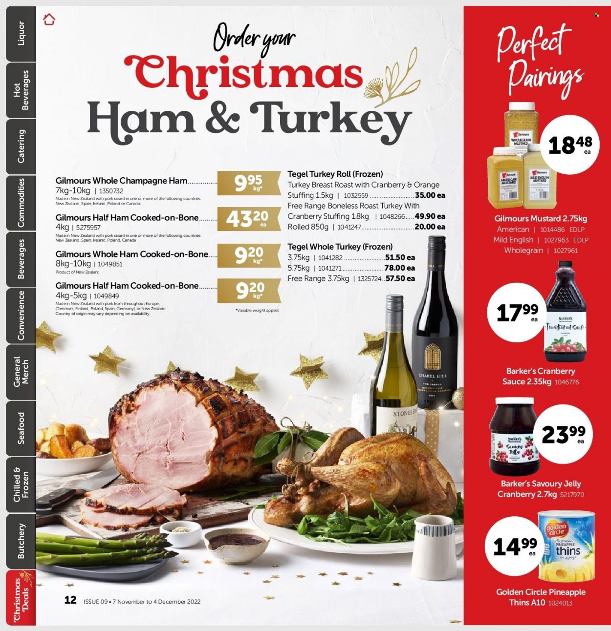 thumbnail - Gilmours mailer - 07.11.2022 - 04.12.2022 - Sales products - pineapple, seafood, sauce, half ham, ham, jelly, Thins, mustard, cranberry sauce, champagne, turkey breast, whole turkey. Page 11.