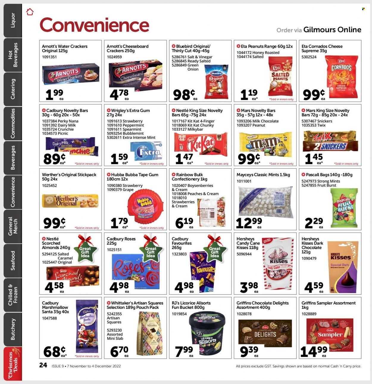 thumbnail - Gilmours mailer - 07.11.2022 - 04.12.2022 - Sales products - onion, green onion, peaches, seafood, cheese, Hershey's, marshmallows, milk chocolate, Nestlé, chocolate, candy cane, Snickers, Twix, Mars, KitKat, crackers, Santa, dark chocolate, Cadbury, Milkybar, Cadbury Roses, Scorched Almonds, Whittaker's, Artisan Squares Selection, Dairy Milk, Bluebird, caramel, vinegar, honey, peanuts, liquor. Page 23.
