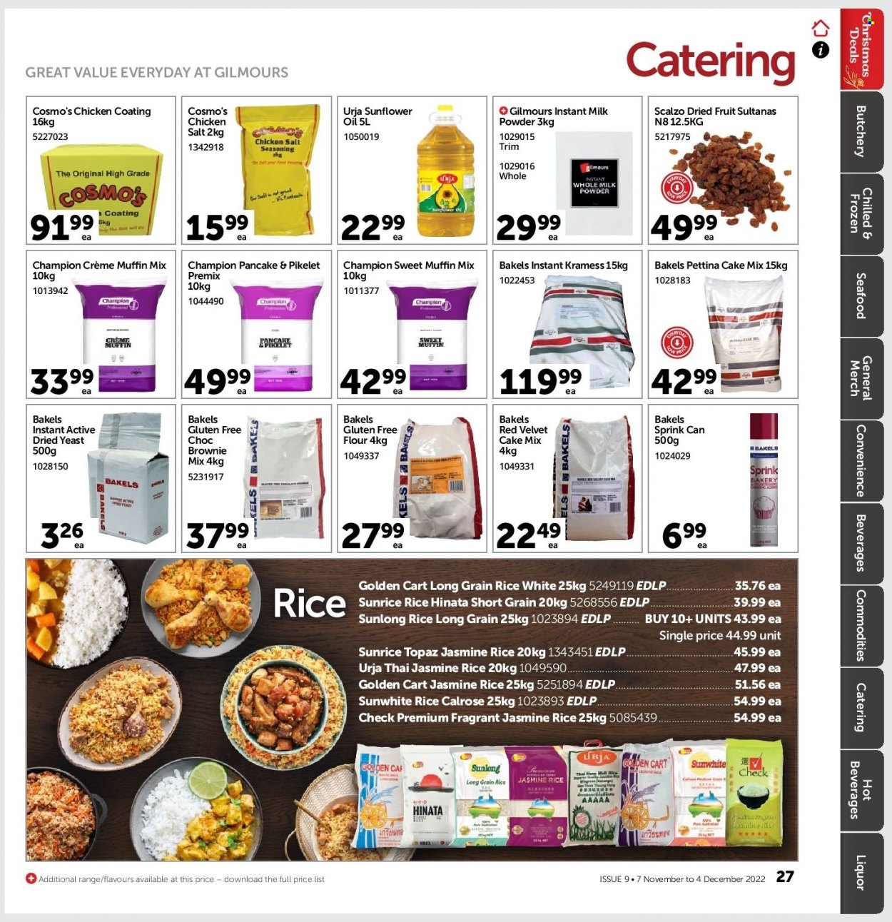 thumbnail - Gilmours mailer - 07.11.2022 - 04.12.2022 - Sales products - brownie mix, cake mix, muffin mix, seafood, pancakes, milk, milk powder, yeast, flour, rice, jasmine rice, long grain rice, spice, sunflower oil, oil, sultanas, dried fruit, liquor. Page 26.