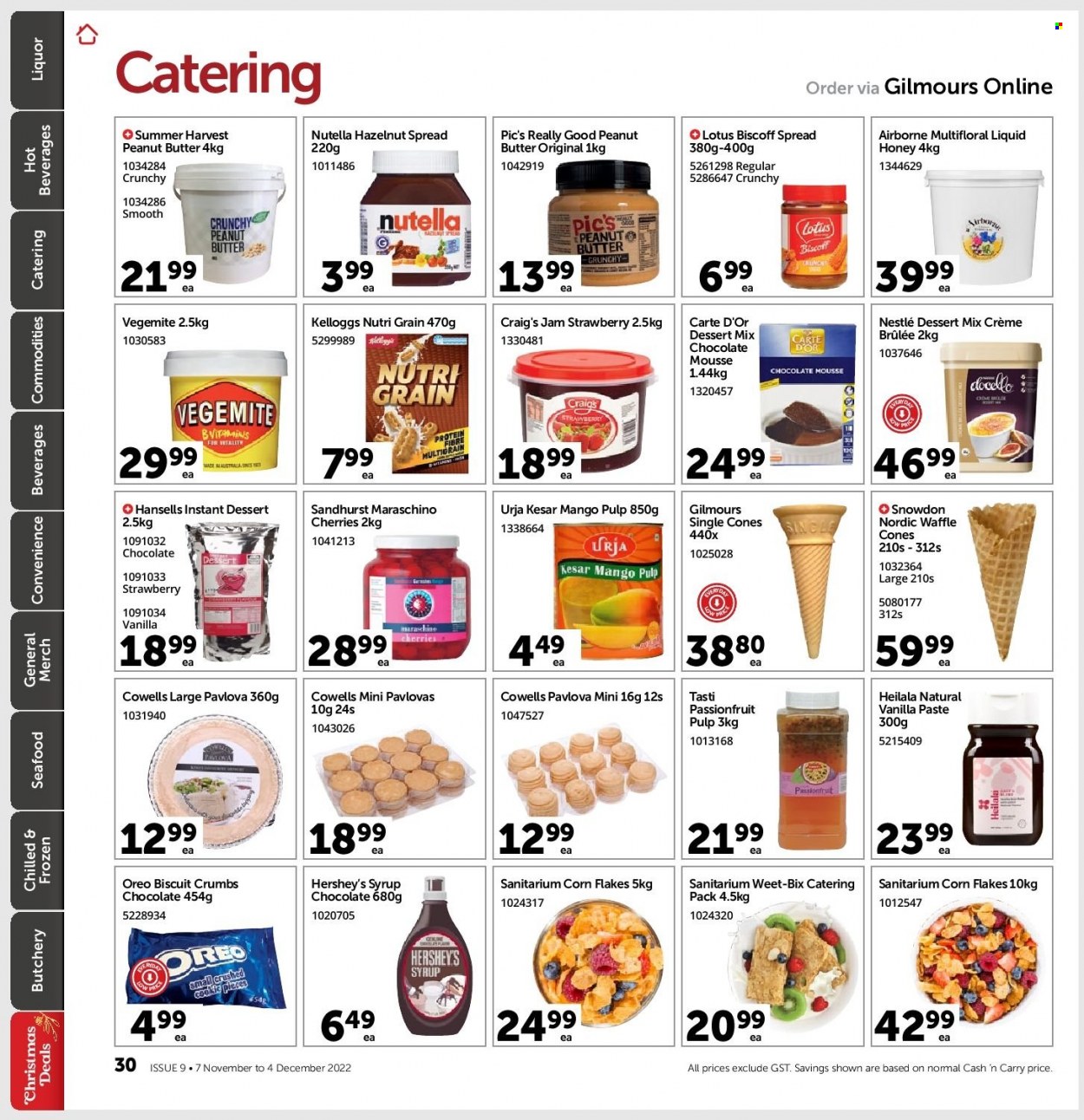 thumbnail - Gilmours mailer - 07.11.2022 - 04.12.2022 - Sales products - mango, seafood, Oreo, Hershey's, Nestlé, Nutella, chocolate, cereal bar, biscuit, Maraschino cherries, corn flakes, Weet-Bix, Nutri-Grain, honey, fruit jam, peanut butter, syrup, hazelnut spread, liquor. Page 29.