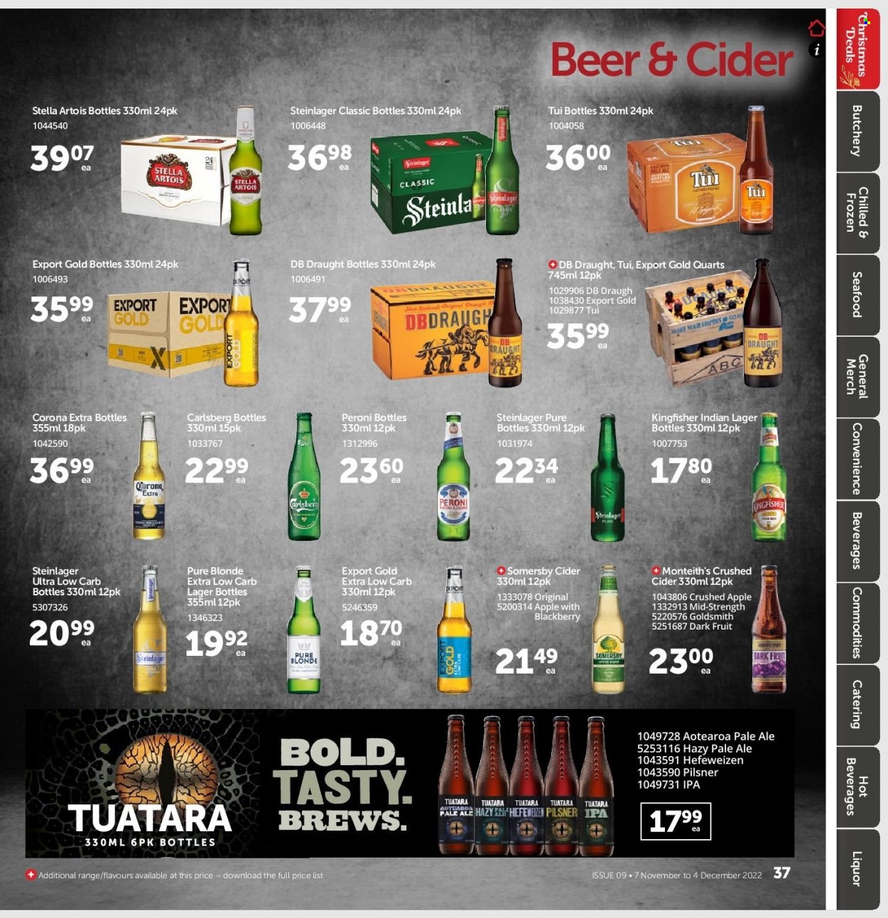 thumbnail - Gilmours mailer - 07.11.2022 - 04.12.2022 - Sales products - seafood, liquor, cider, Corona Extra, Carlsberg, Steinlager, Peroni, Lager, IPA, Stella Artois. Page 36.