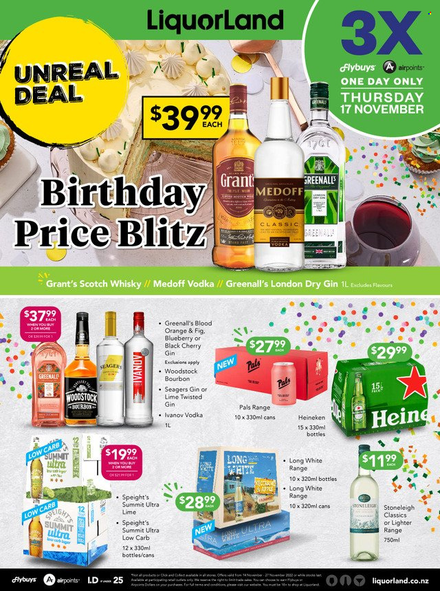 Liquorland mailer - 14.11.2022 - 27.11.2022 - Sales products - bourbon, gin, vodka, Grant's, scotch whisky, whisky, beer, Heineken. Page 1.