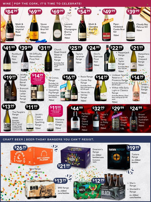 Liquorland mailer - 14.11.2022 - 27.11.2022 - Sales products - Perrier, red wine, sparkling wine, champagne, wine, Merlot, Moët & Chandon, Pinot Noir, Cuvée, Veuve Clicquot, Lindauer, Jules Taylor, Wither Hills, Syrah, Jacob's Creek, rosé wine, BROTHERS, beer, Mac’s. Page 3.