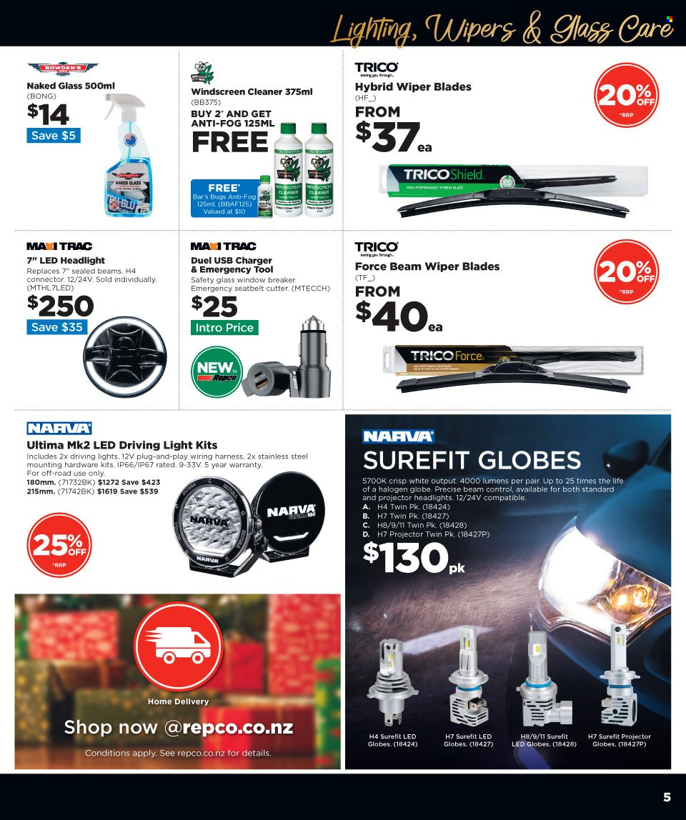 thumbnail - Repco mailer - 16.11.2022 - 29.11.2022 - Sales products - cleaner, USB charger, lighting, cutter, headlamp, wiper blades, driving lights, wiring harness. Page 5.