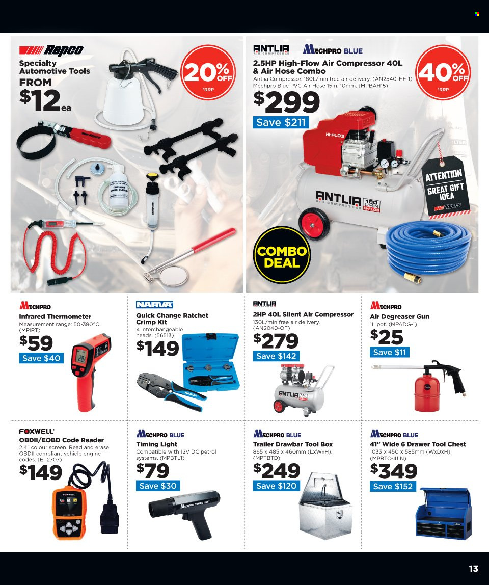 thumbnail - Repco mailer - 16.11.2022 - 29.11.2022 - Sales products - thermometer, pot, trailer, vehicle, tool box, tool chest, air compressor, air hose, Mechpro Blue, Foxwell, degreaser, gun. Page 13.