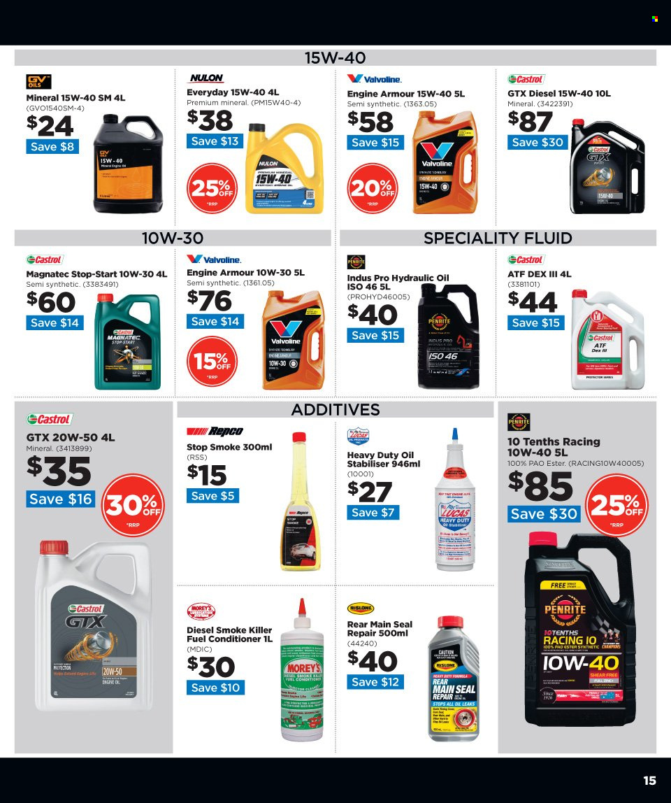 thumbnail - Repco mailer - 16.11.2022 - 29.11.2022 - Sales products - Nulon, Penrite, motor oil, Valvoline, Castrol, Engine Armour. Page 15.