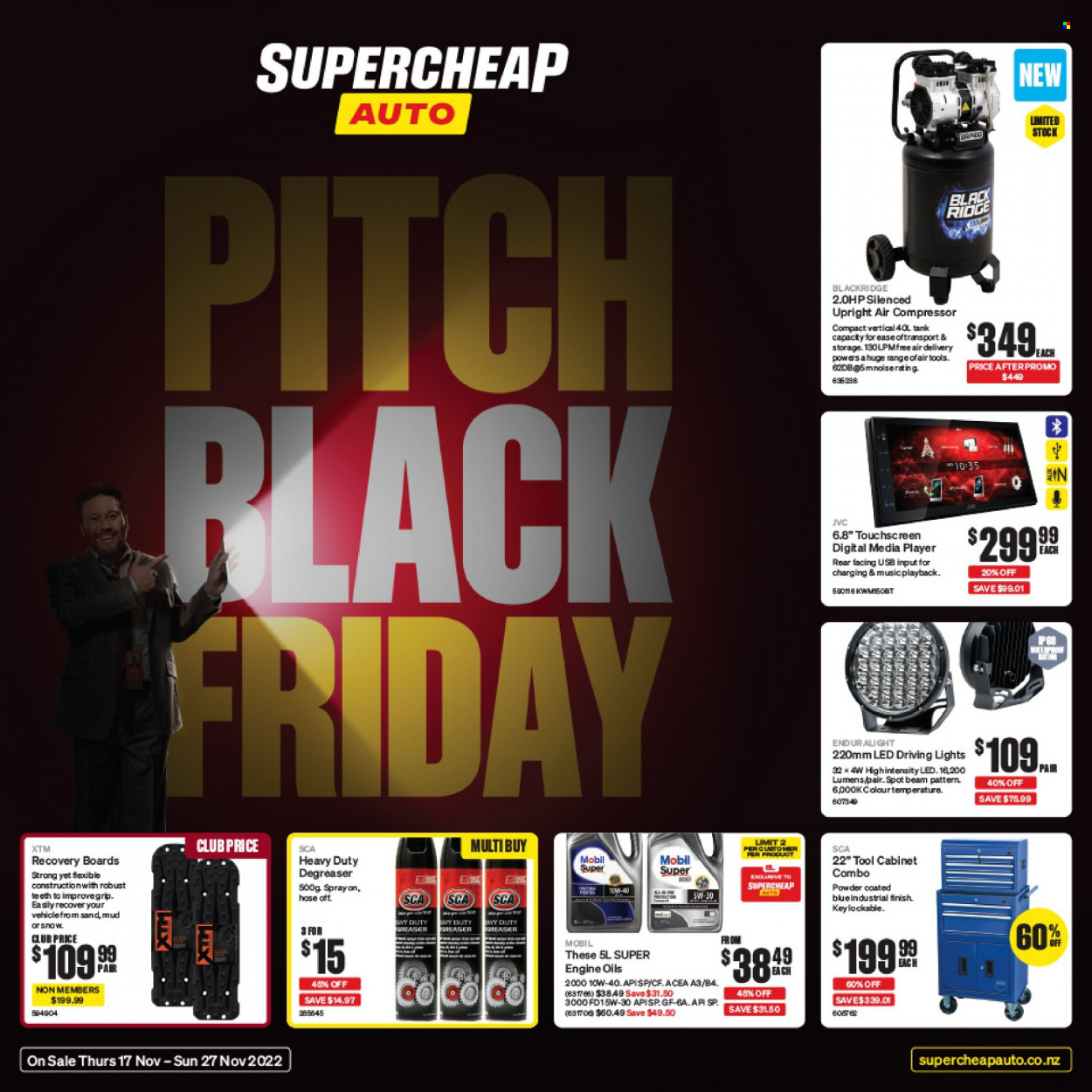 thumbnail - SuperCheap Auto mailer - 17.11.2022 - 27.11.2022 - Sales products - JVC, media player, XTM, air compressor, cabinet, tool cabinets, tank, recovery boards, driving lights, degreaser, Mobil. Page 1.