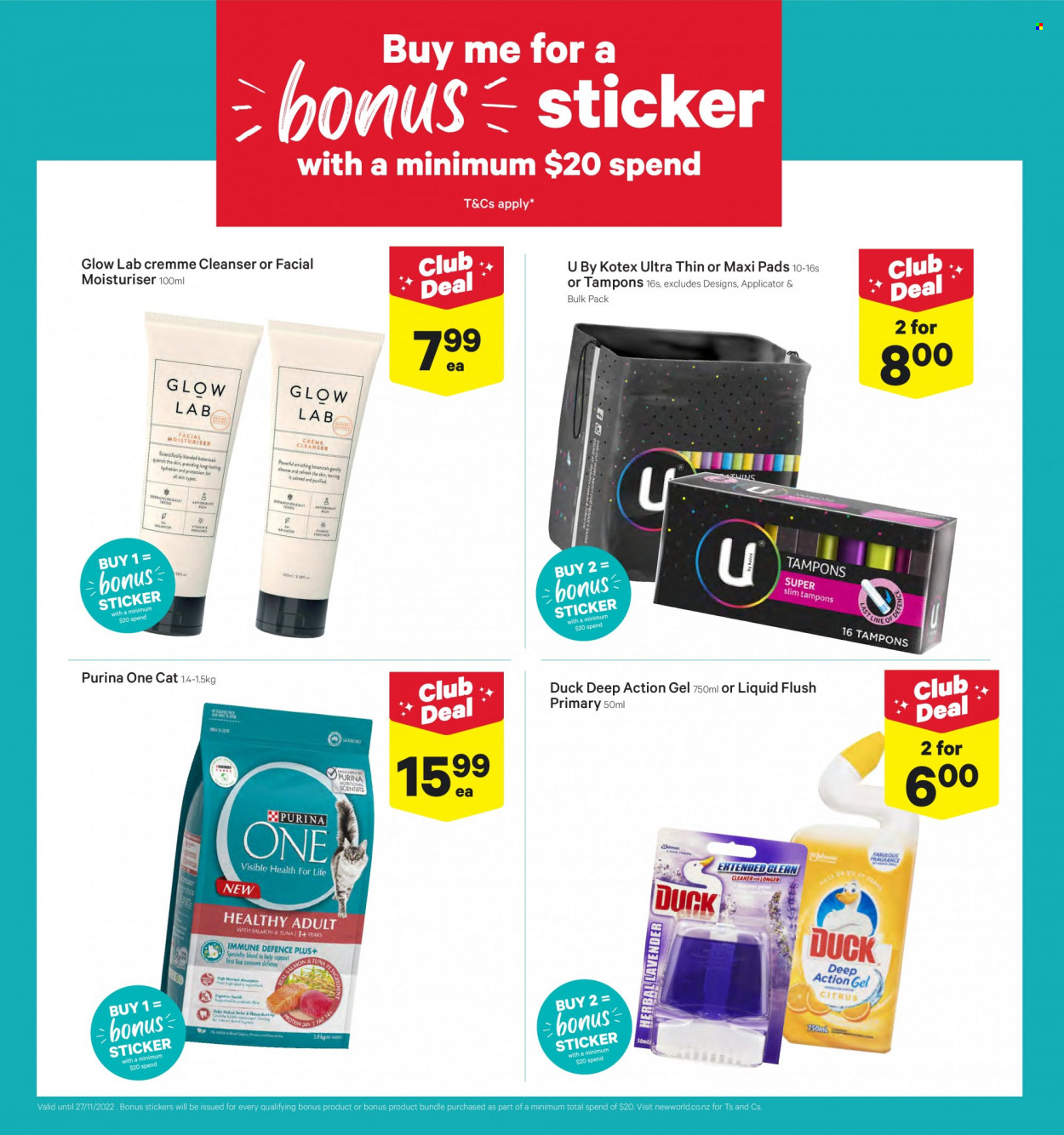 thumbnail - New World mailer - 21.11.2022 - 27.11.2022 - Sales products - salmon, tuna, cleaner, sanitary pads, Kotex, tampons, cleanser, fragrance, sticker, Purina. Page 5.