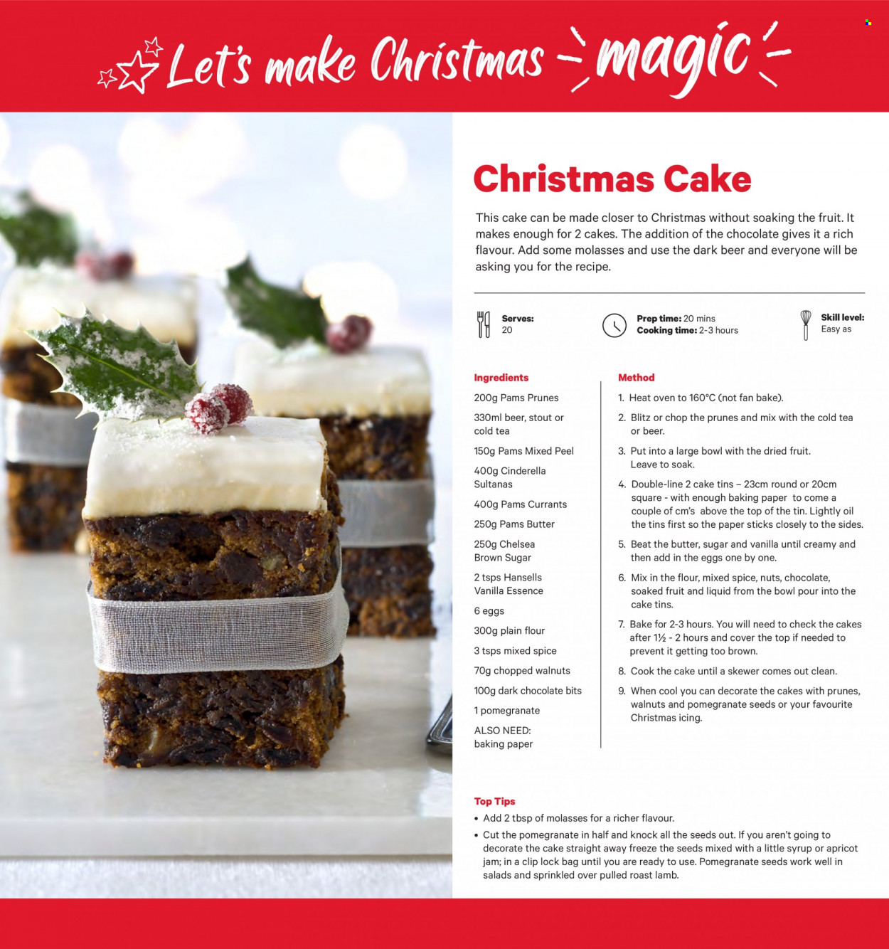 thumbnail - New World mailer - 21.11.2022 - 27.11.2022 - Sales products - christmas cake, pomegranate, eggs, butter, dark chocolate, cane sugar, flour, spice, oil, apricot jam, molasses, fruit jam, syrup, currants, walnuts, prunes, dried fruit, tea, beer, bag, baking paper. Page 13.