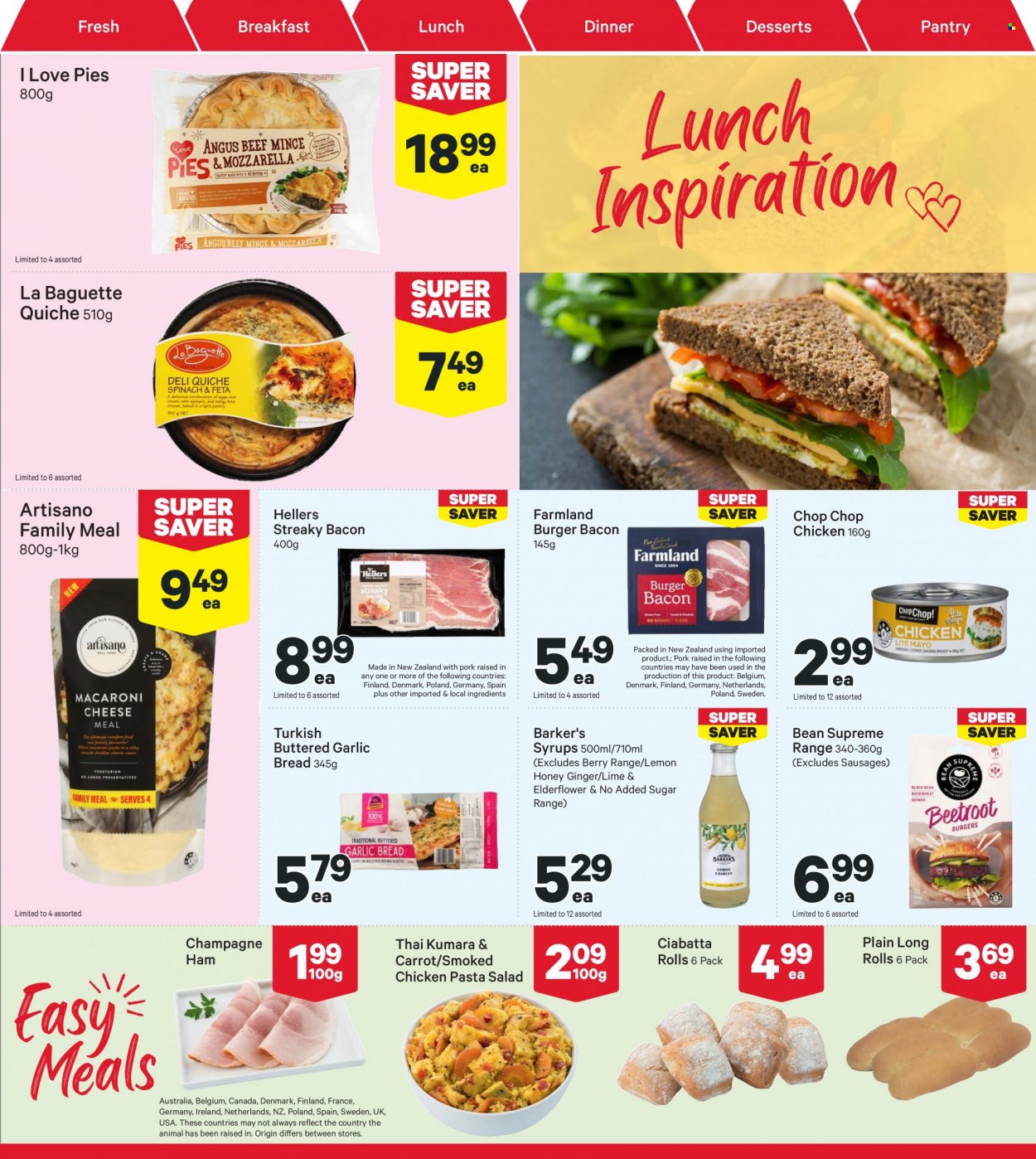 thumbnail - New World mailer - 21.11.2022 - 27.11.2022 - Sales products - baguette, ciabatta, ginger, hamburger, pasta, bacon, ham, streaky bacon, sausage, pasta salad, quiche, honey, champagne. Page 13.