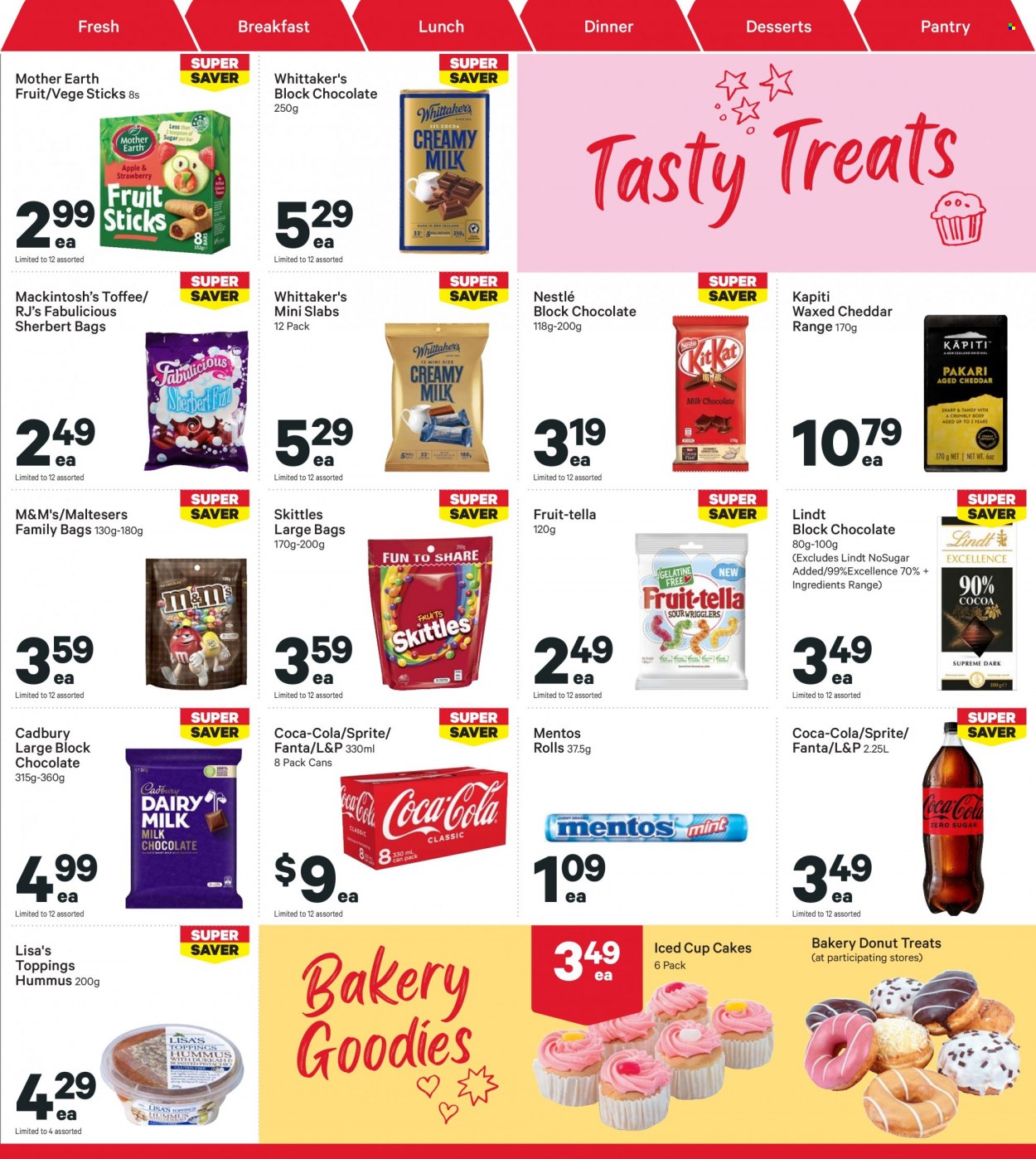 thumbnail - New World mailer - 21.11.2022 - 27.11.2022 - Sales products - donut, hummus, cheddar, cheese, Nestlé, chocolate, Lindt, Mentos, toffee, M&M's, Maltesers, Cadbury, Mother Earth, Whittaker's, Skittles, Coca-Cola, Sprite, Fanta, L&P. Page 23.