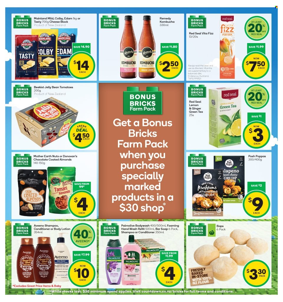 thumbnail - Countdown mailer - 21.11.2022 - 27.11.2022 - Sales products - mushrooms, corn, tomatoes, Colby cheese, edam cheese, parmesan, cheese, chocolate, jelly, Mother Earth, flour, almonds, kombucha, green tea, tea, Aveeno, shampoo, hand wash, Palmolive, soap bar, soap, conditioner, body lotion. Page 7.