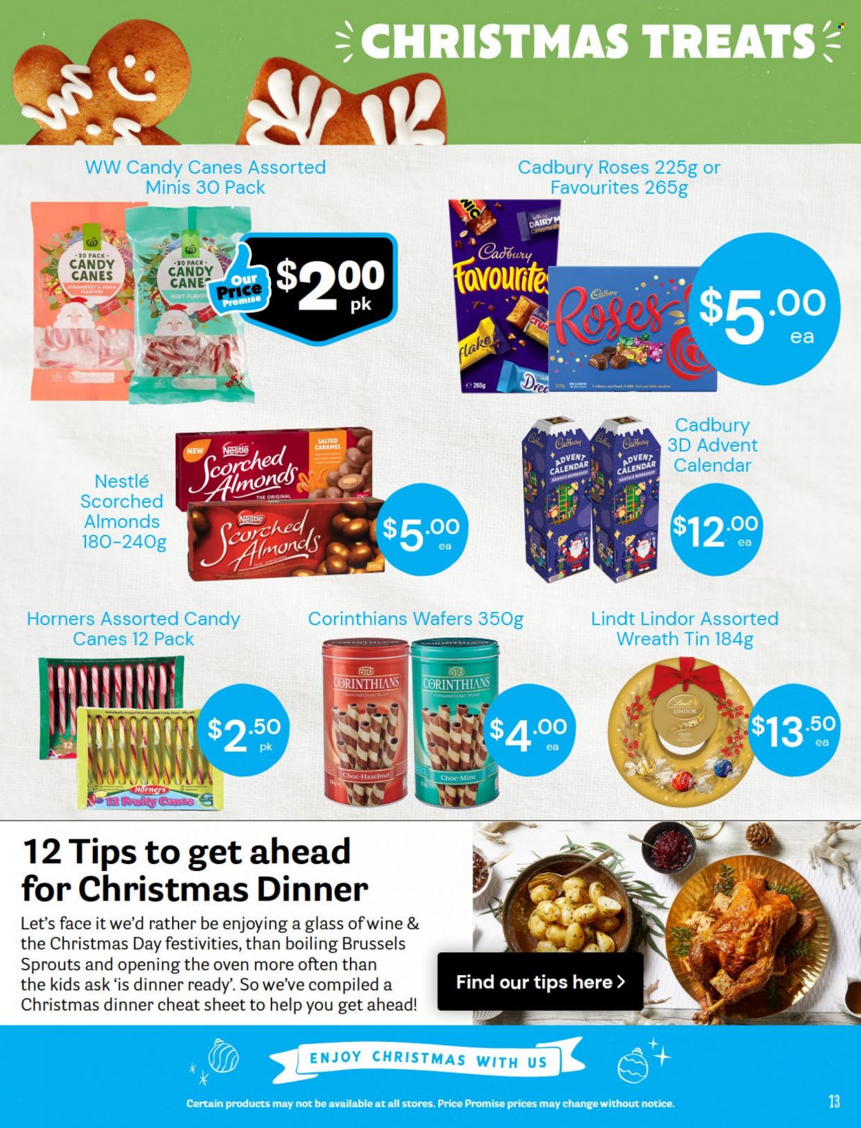 thumbnail - Fresh Choice mailer - 21.11.2022 - 27.11.2022 - Sales products - brussel sprouts, advent calendar, Nestlé, wafers, Lindt, Lindor, Santa, Cadbury, Cadbury Roses, Scorched Almonds, wine. Page 13.