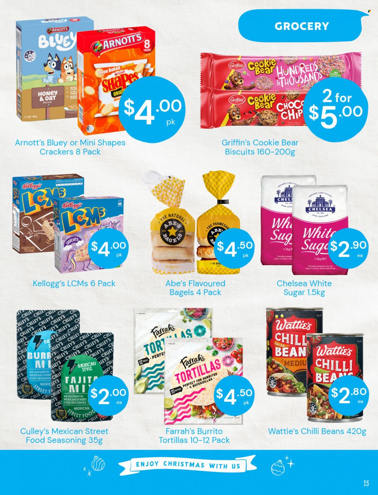 thumbnail - Fresh Choice mailer - 21.11.2022 - 27.11.2022 - Sales products - bagels, tortillas, beans, fajita, burrito, Wattie's, parmesan, crackers, Kellogg's, biscuit, Griffin's, sugar, oats, cereals, spice, honey. Page 15.