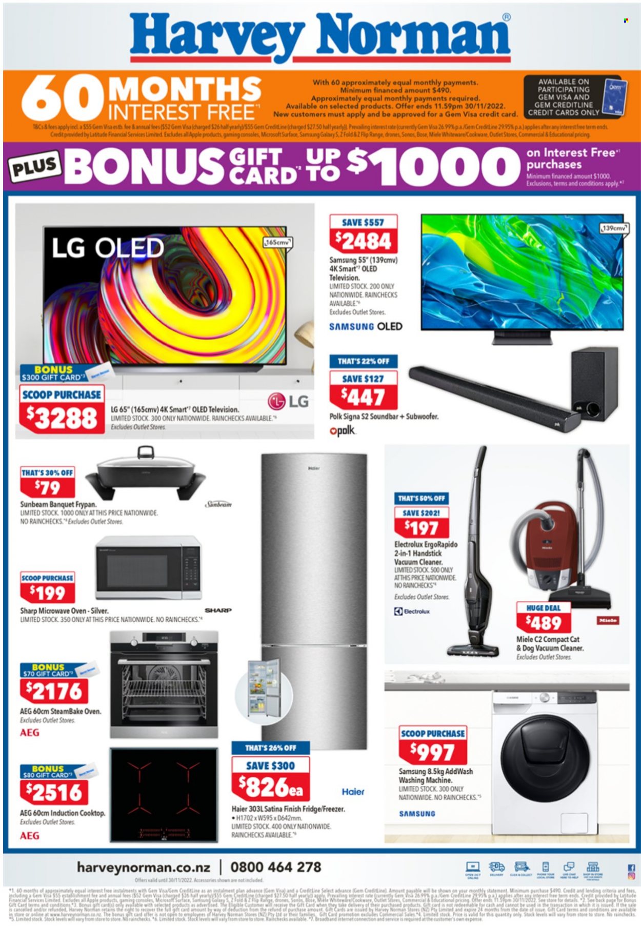 thumbnail - Harvey Norman mailer - 25.11.2022 - 27.11.2022 - Sales products - Apple, LG, Samsung Galaxy, Sharp, Sunbeam, drone, Samsung, Haier, Samsung Galaxy S, Sonos, BOSE, subwoofer, sound bar, AEG, Electrolux, Miele, freezer, refrigerator, fridge, oven, microwave, cooktop, induction cooktop, washing machine, vacuum cleaner. Page 5.
