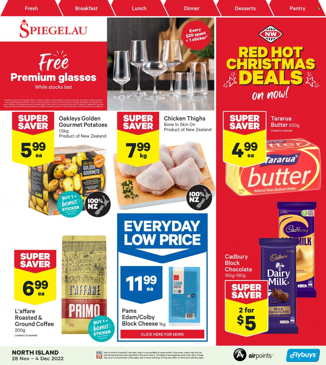 thumbnail - New World mailer - 28.11.2022 - 04.12.2022 - Sales products - potatoes, Colby cheese, edam cheese, cheese, butter, chocolate, Cadbury, coffee, ground coffee, wine, chicken thighs, sticker. Page 1.