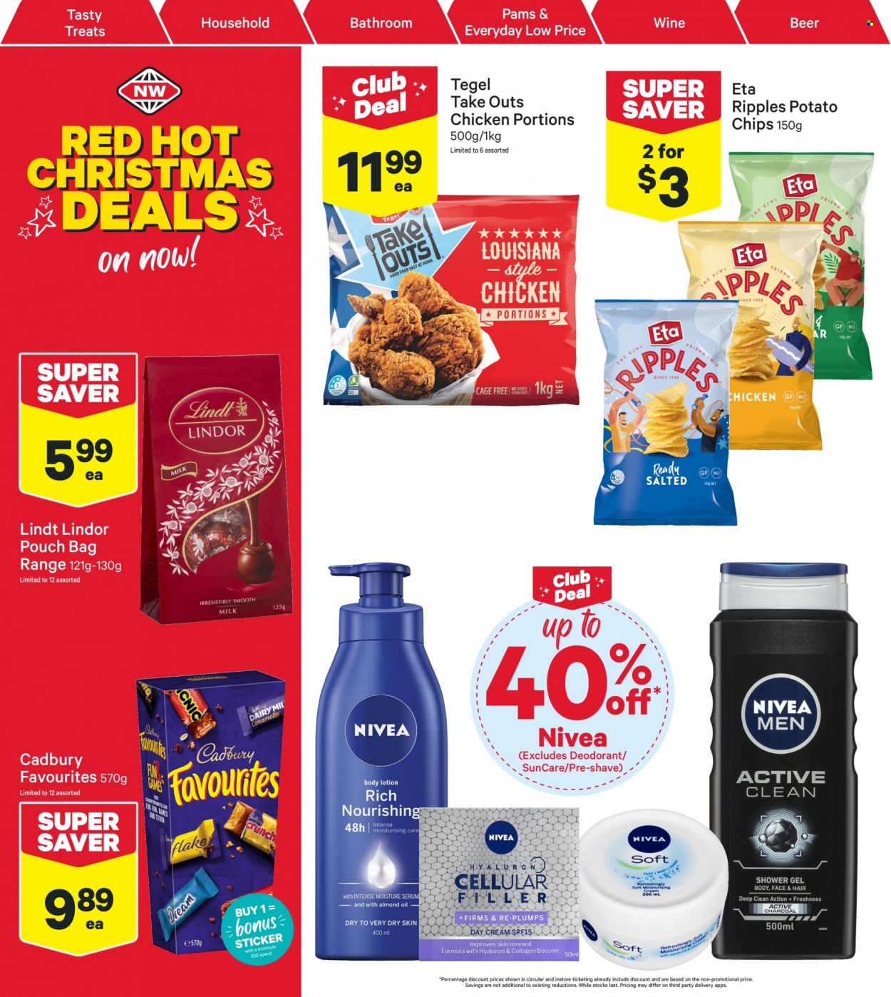 thumbnail - New World mailer - 28.11.2022 - 04.12.2022 - Sales products - kiwi, milk, cage free eggs, Lindt, Lindor, Cadbury, potato chips, chips, oil, wine, beer, Nivea, shower gel, day cream, serum, body lotion, anti-perspirant, deodorant, sticker. Page 2.