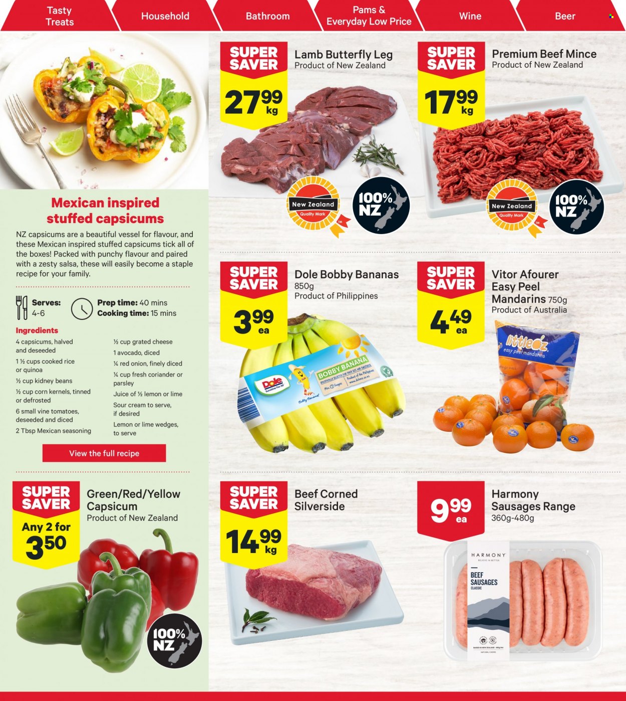 thumbnail - New World mailer - 28.11.2022 - 04.12.2022 - Sales products - parsley, onion, Dole, capsicum, avocado, bananas, mandarines, sausage, cheese, grated cheese, sour cream, kidney beans, quinoa, spice, coriander, salsa, juice, wine, beer, beef meat, ground beef. Page 6.
