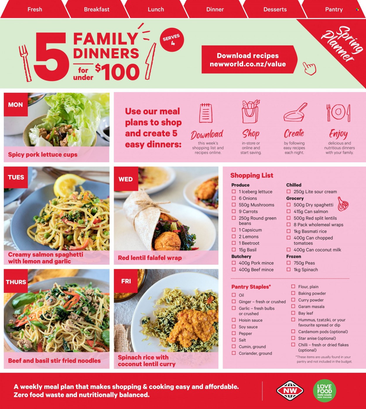 thumbnail - New World mailer - 28.11.2022 - 04.12.2022 - Sales products - mushrooms, wraps, beans, carrots, garlic, ginger, green beans, spinach, tomatoes, peas, onion, lettuce, capsicum, beetroot, lemons, salmon, spaghetti, sauce, noodles, tzatziki, hummus, sour cream, dip, baking powder, flour, salt, coconut milk, lentils, chopped tomatoes, basmati rice, rice, red lentils, pepper, curry powder, cumin, coriander, soy sauce, hoisin sauce, oil, beef meat, ground pork, pork meat, Rin, cup, bulb. Page 11.