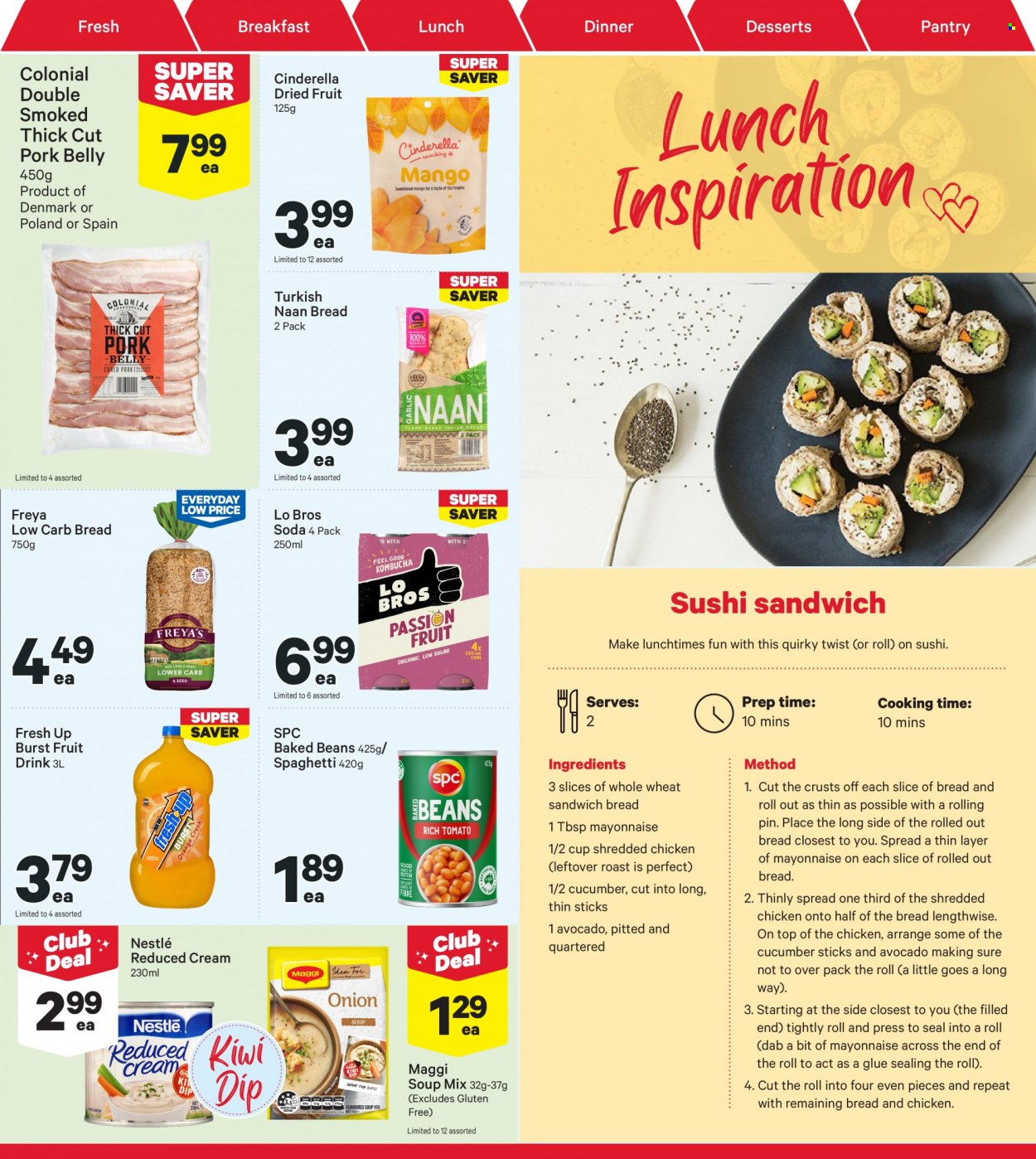thumbnail - New World mailer - 28.11.2022 - 04.12.2022 - Sales products - kiwi, spaghetti, soup mix, soup, mayonnaise, Nestlé, Maggi, baked beans, dried fruit, fruit drink, soda, pork belly, pork meat, Sure, cup, pin, glue. Page 15.