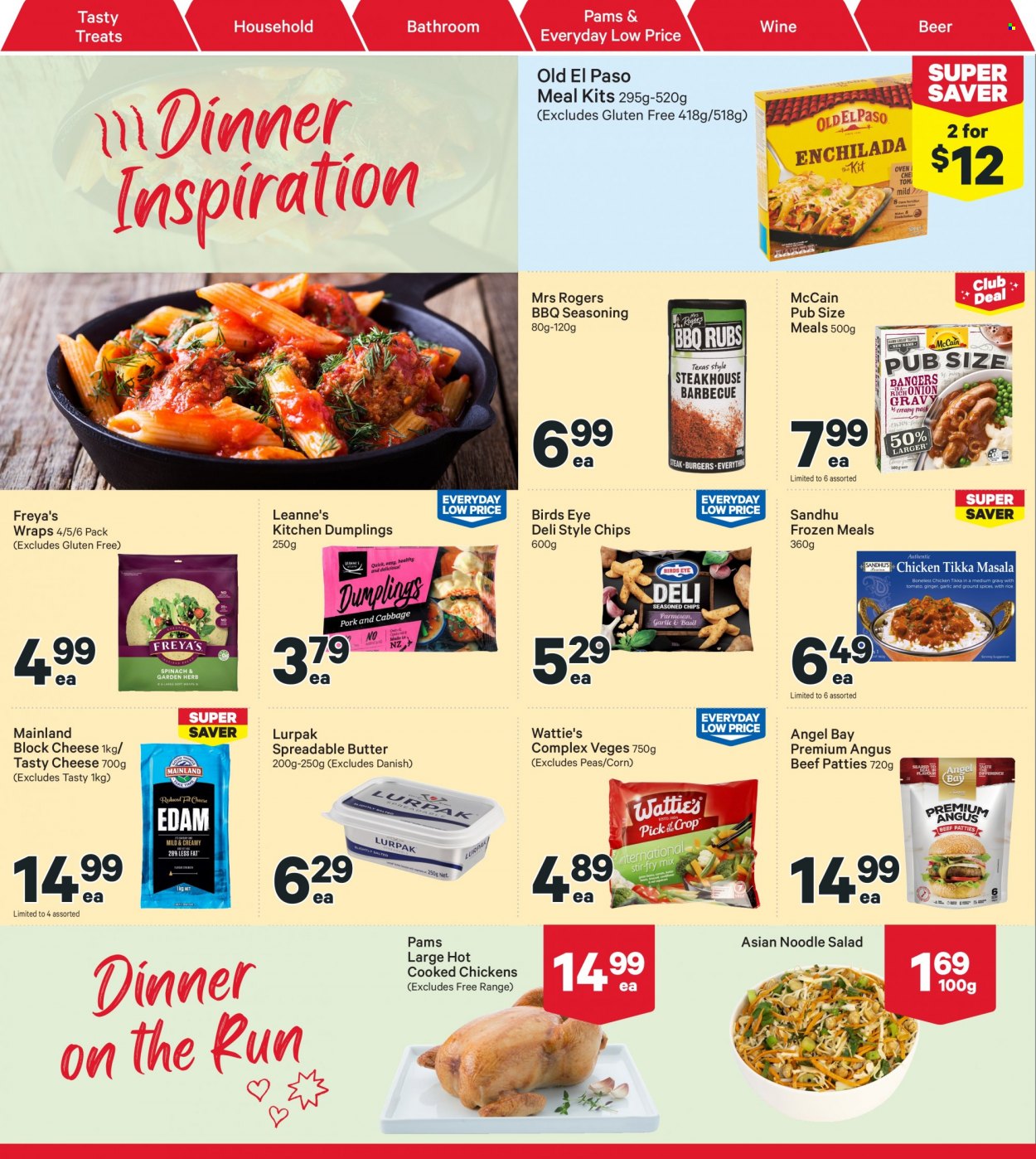 thumbnail - New World mailer - 28.11.2022 - 04.12.2022 - Sales products - Old El Paso, wraps, corn, peas, salad, dumplings, Bird's Eye, noodles, Wattie's, cheese, butter, spreadable butter, McCain, spice, wine, beer, beef meat. Page 16.