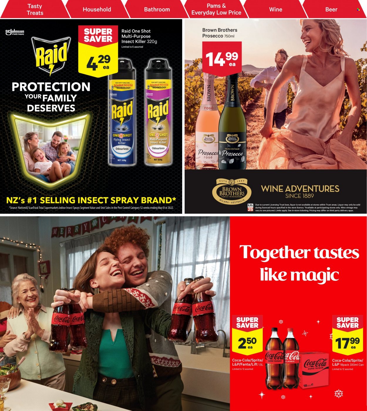 thumbnail - New World mailer - 28.11.2022 - 04.12.2022 - Sales products - Coca-Cola, Sprite, Fanta, L&P, prosecco, wine, BROTHERS, beer, insect killer, Raid. Page 22.