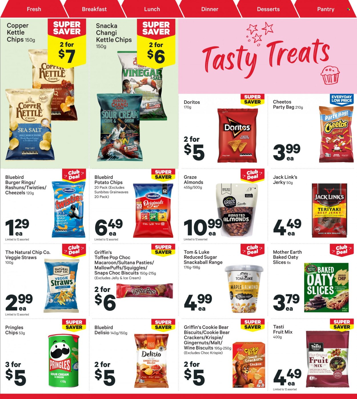 thumbnail - New World mailer - 28.11.2022 - 04.12.2022 - Sales products - hamburger, jerky, ice cream, fruit mix, toffee, jelly, crackers, biscuit, MallowPuffs, Griffin's, Mother Earth, Doritos, potato chips, Pringles, Cheetos, chips, Bluebird, Delisio, Sunbites, Copper Kettle, veggie straws, Jack Link's, almonds, Graze, wine, bag. Page 23.