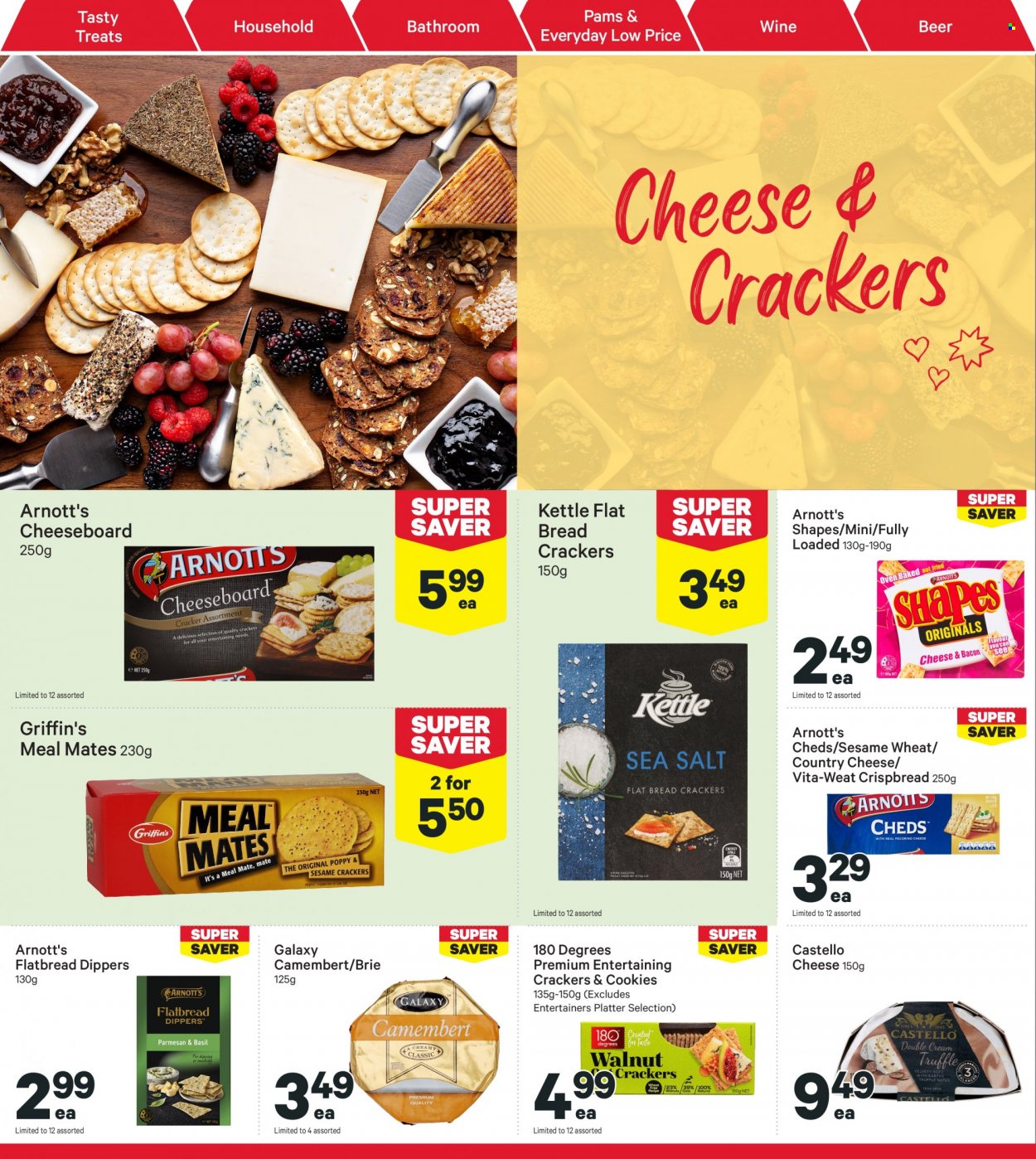 thumbnail - New World mailer - 28.11.2022 - 04.12.2022 - Sales products - bread, flatbread, crispbread, bacon, camembert, parmesan, Pecorino, brie, cookies, truffles, crackers, Griffin's, wine, beer. Page 24.
