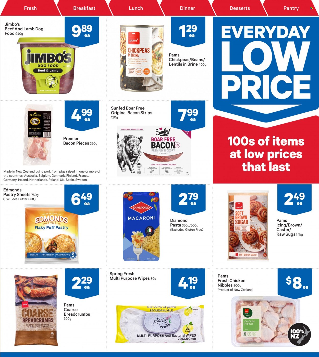 thumbnail - New World mailer - 28.11.2022 - 04.12.2022 - Sales products - sausage rolls, breadcrumbs, beans, seafood, macaroni, pasta, bacon, sausage, hummus, butter, puff pastry, strips, cane sugar, topping, plant protein, lentils, olives, chickpeas, extra virgin olive oil, olive oil, oil, wipes, Raw Sugar, fragrance, Sure, animal food, dog food. Page 27.