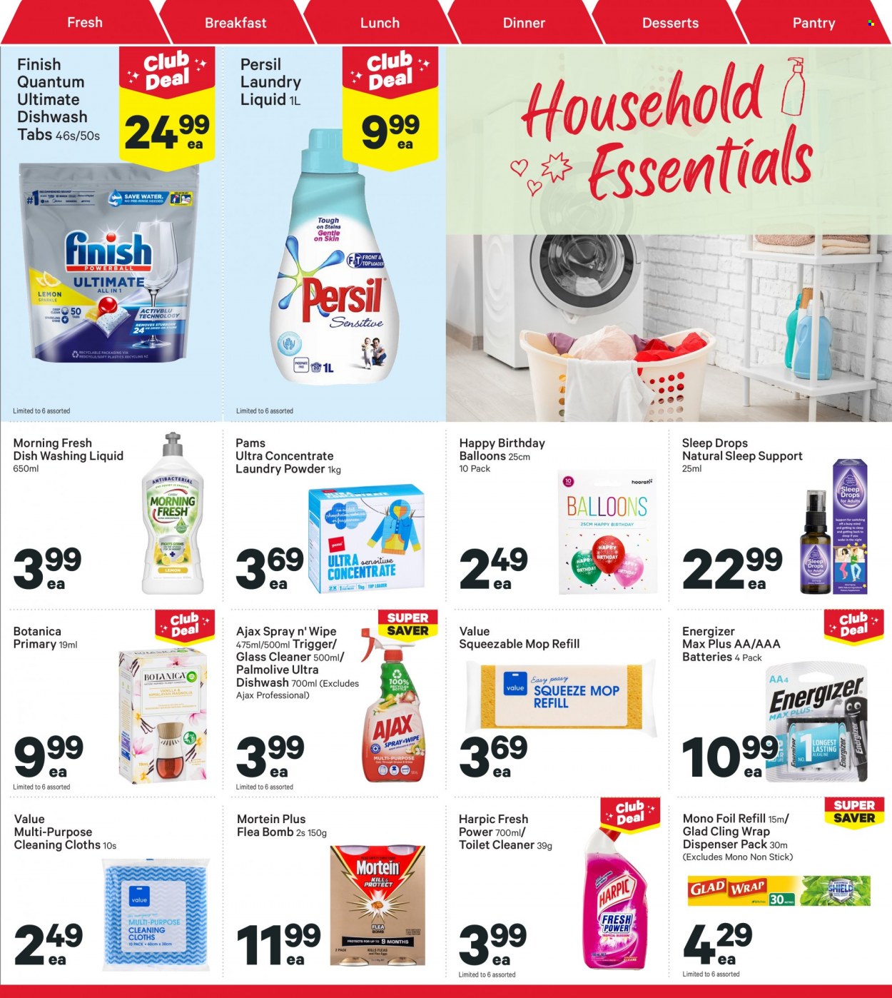 thumbnail - New World mailer - 28.11.2022 - 04.12.2022 - Sales products - cleaner, toilet cleaner, Mortein, glass cleaner, Harpic, Ajax, Persil, laundry detergent, laundry powder, dishwashing liquid, Finish Powerball, Finish Quantum Ultimate, Palmolive, mop pad, dispenser, balloons, battery, Energizer, AAA batteries. Page 31.