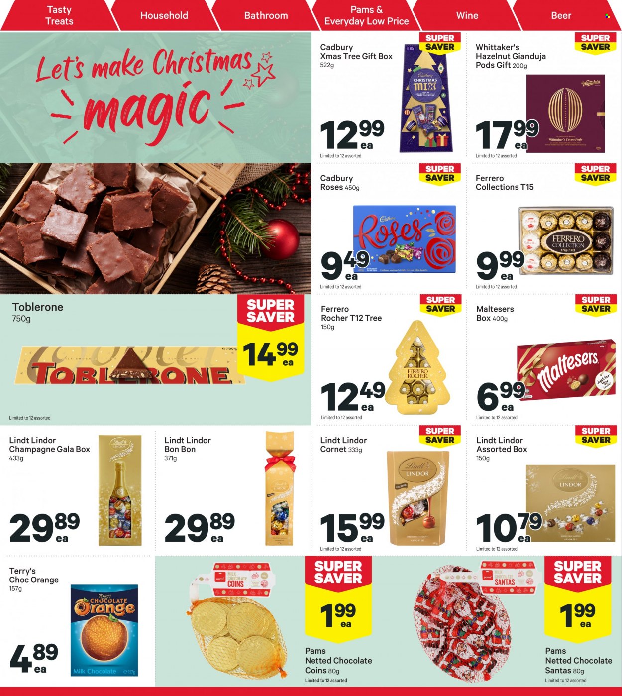 thumbnail - New World mailer - 28.11.2022 - 04.12.2022 - Sales products - Gala, oranges, chocolate, Ferrero Rocher, Lindt, Lindor, Toblerone, Maltesers, Cadbury, Cadbury Roses, Whittaker's, champagne, wine, beer, gift box. Page 38.