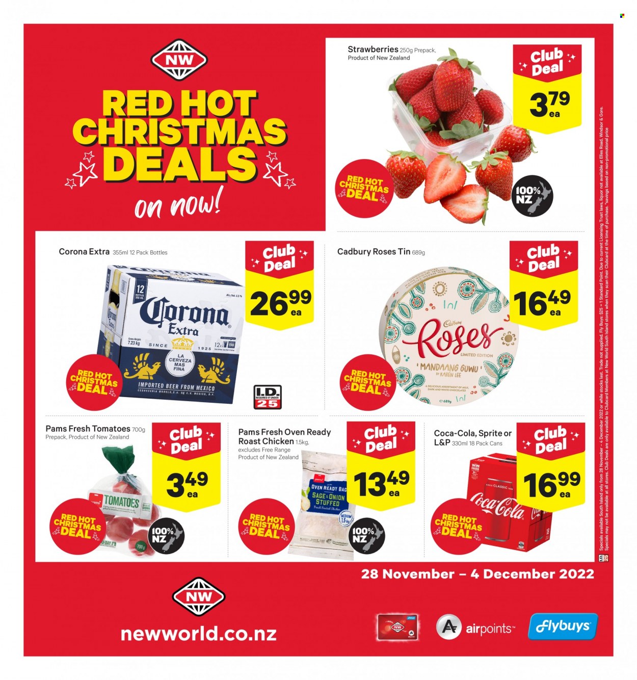 thumbnail - New World mailer - 28.11.2022 - 04.12.2022 - Sales products - tomatoes, strawberries, chicken roast, Cadbury, Cadbury Roses, Coca-Cola, Sprite, L&P, beer, Corona Extra. Page 2.