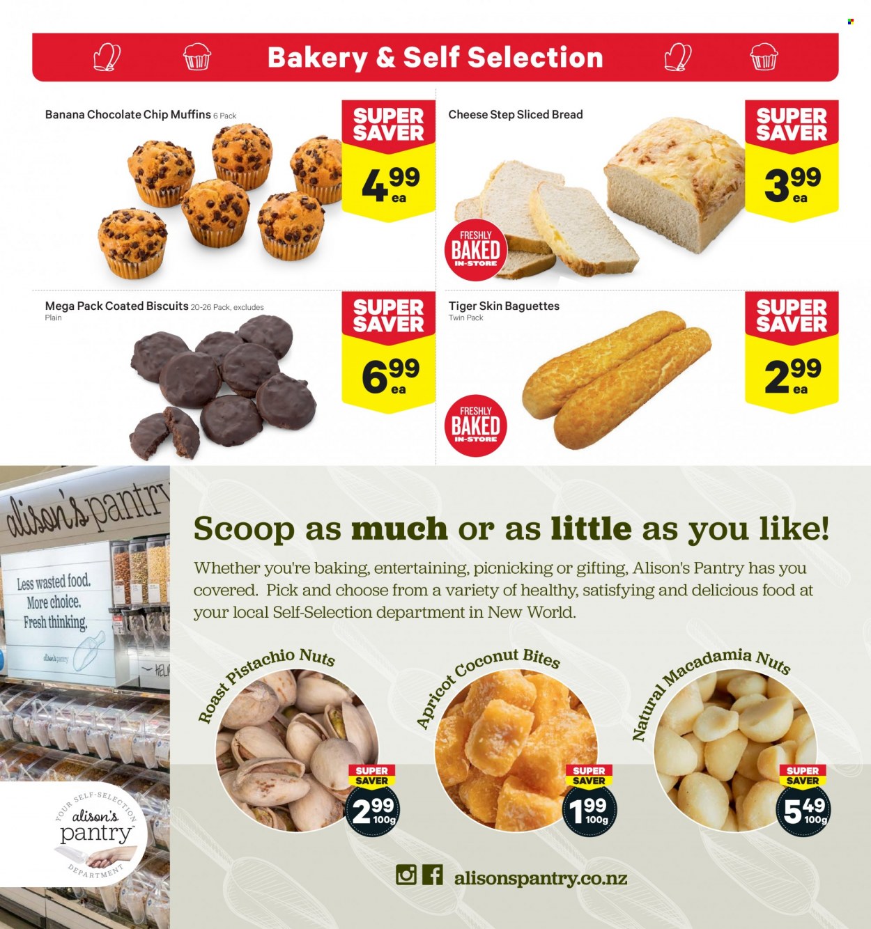 thumbnail - New World mailer - 28.11.2022 - 04.12.2022 - Sales products - baguette, bread, muffin, coconut, cheese, chocolate chips, biscuit, macadamia nuts, pistachios. Page 13.