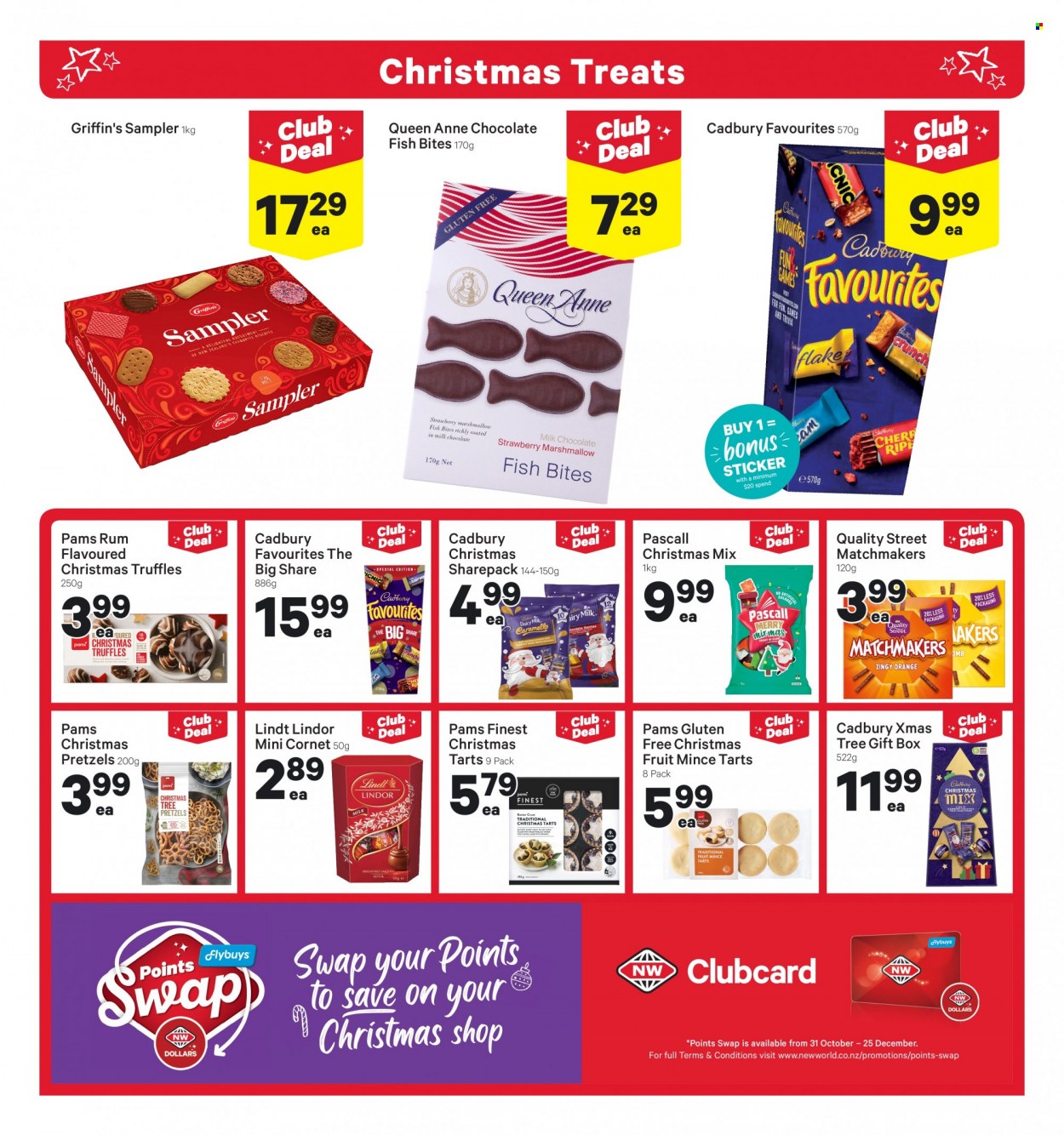 thumbnail - New World mailer - 28.11.2022 - 04.12.2022 - Sales products - pretzels, oranges, fish, butter, marshmallows, milk chocolate, Lindt, Lindor, truffles, biscuit, Cadbury, Griffin's, rum, sticker, gift box. Page 15.